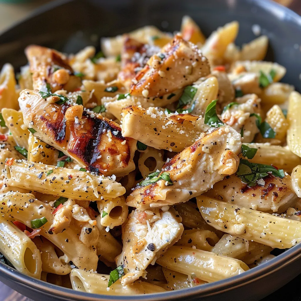 Side angle of creamy garlic parmesan pasta topped with sliced chicken and parsley.