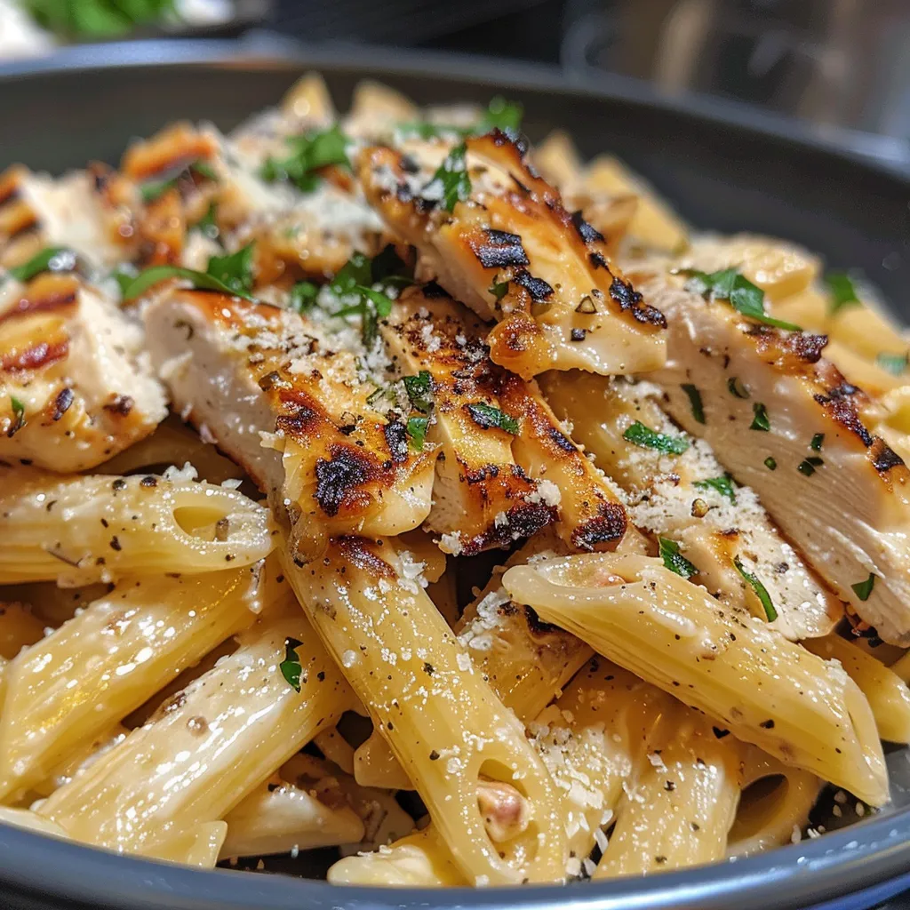 A side view of a delicious serving of garlic parmesan pasta, showcasing creamy sauce and grilled chicken pieces.