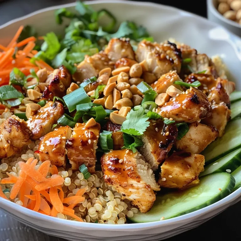 A vibrant Thai peanut chicken bowl featuring sliced chicken, colorful vegetables, and garnishes.