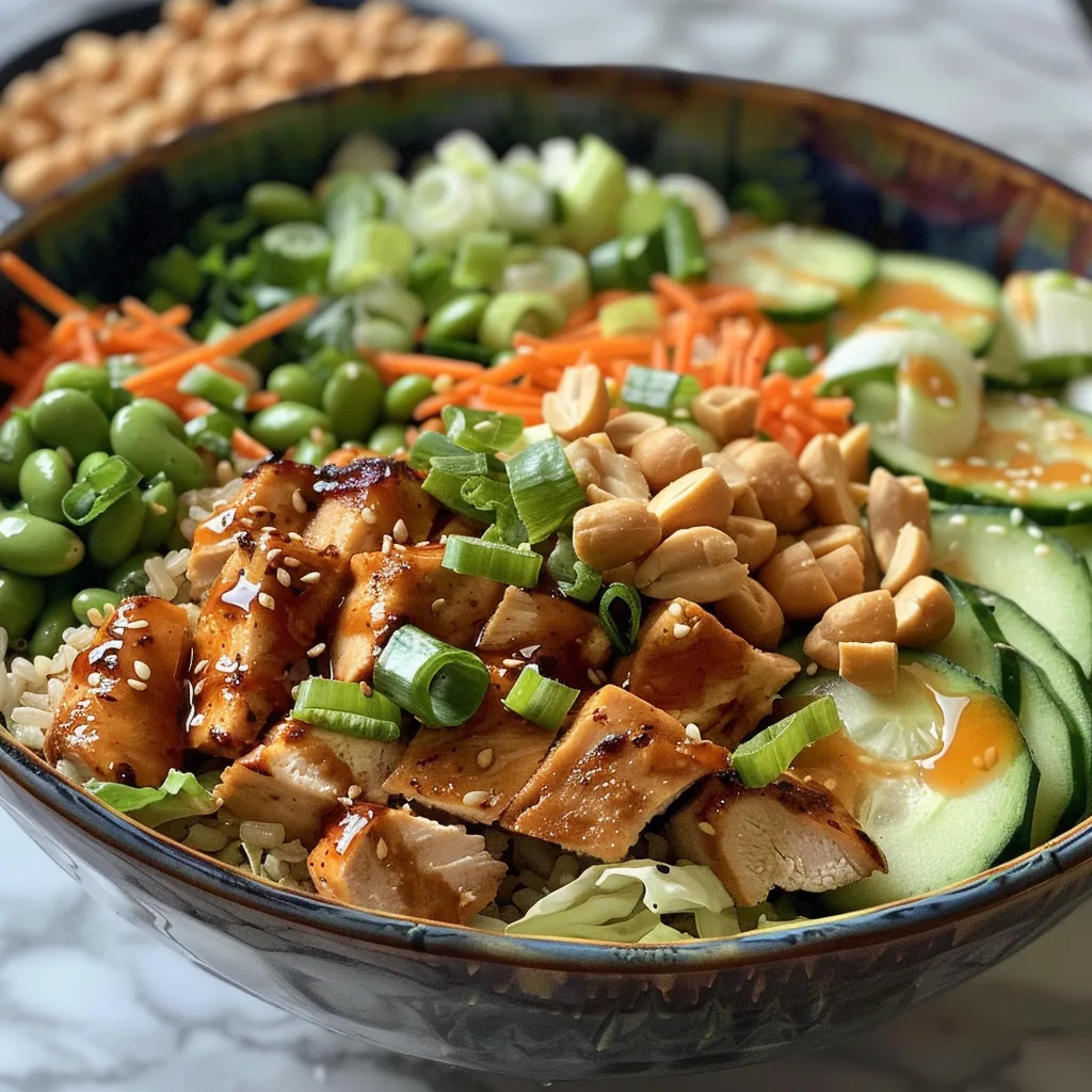 Close-up view of a high protein Thai peanut chicken bowl with brown rice, edamame, and crunchy peanuts.