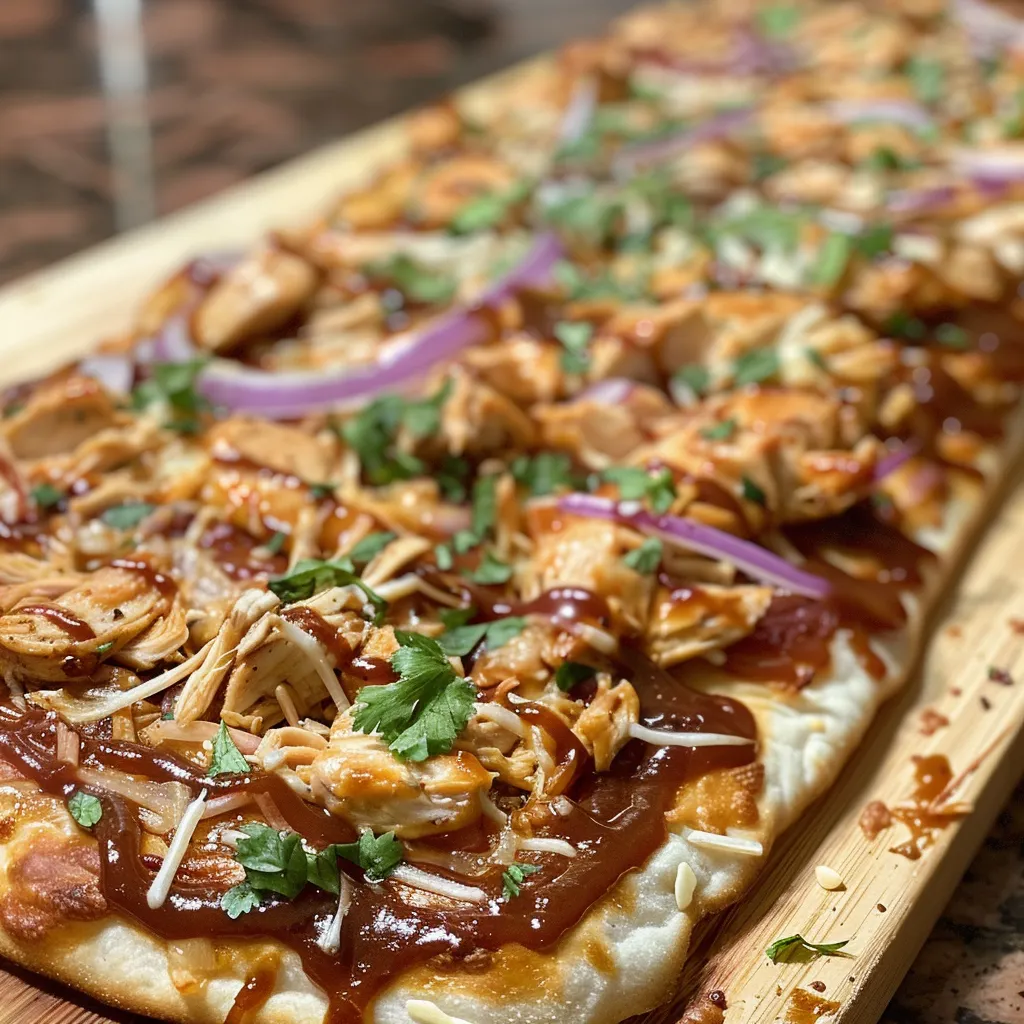 Side-angle shot of a juicy Honey BBQ Chicken Flatbread on a wooden surface.