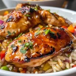 Close-up view of tasty Honey BBQ Chicken served over rice with garnishes.