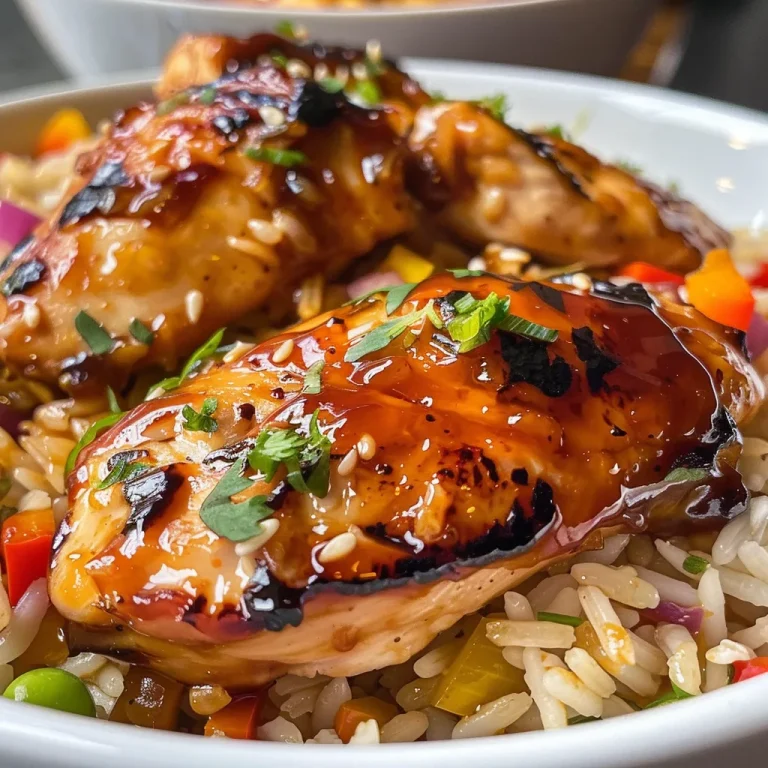 Close-up view of tasty Honey BBQ Chicken served over rice with garnishes.