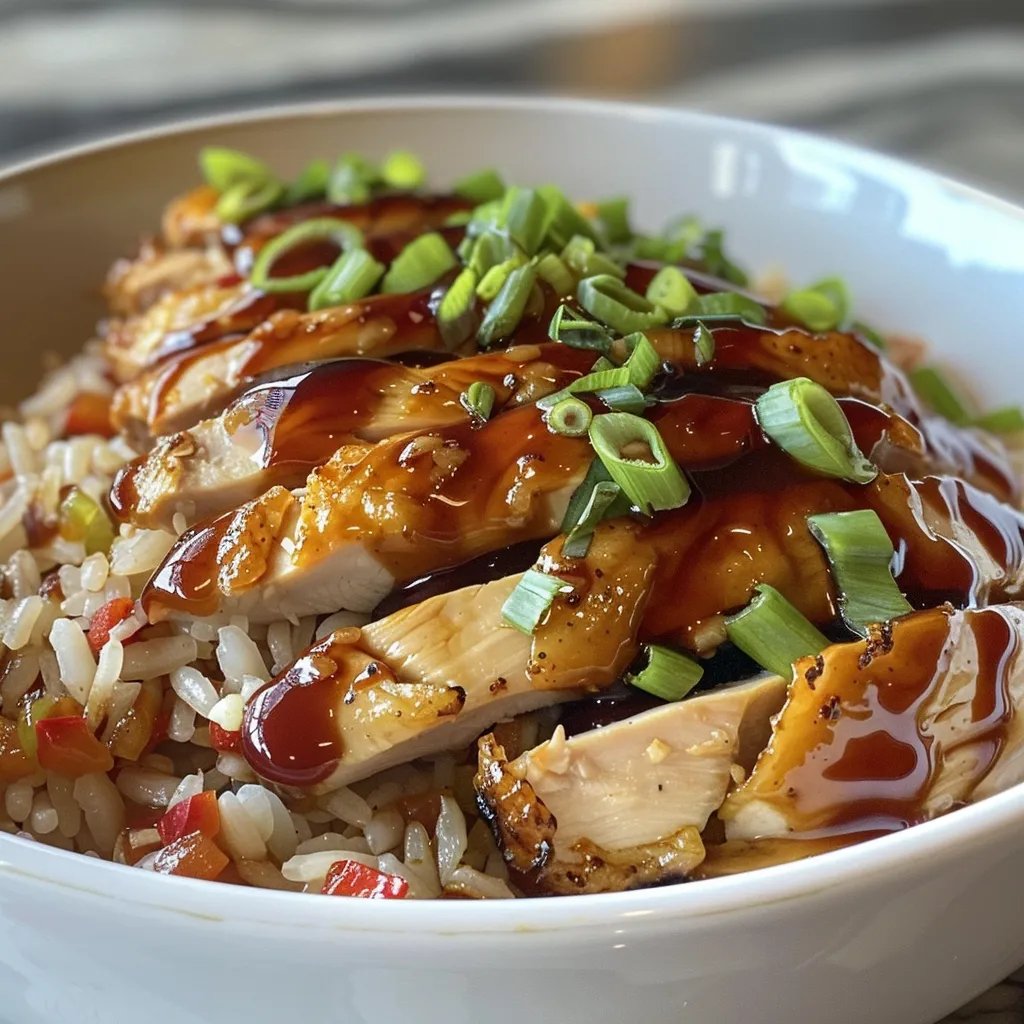 Juicy Honey BBQ Chicken on a bed of rice, highlighted with green onion garnish.