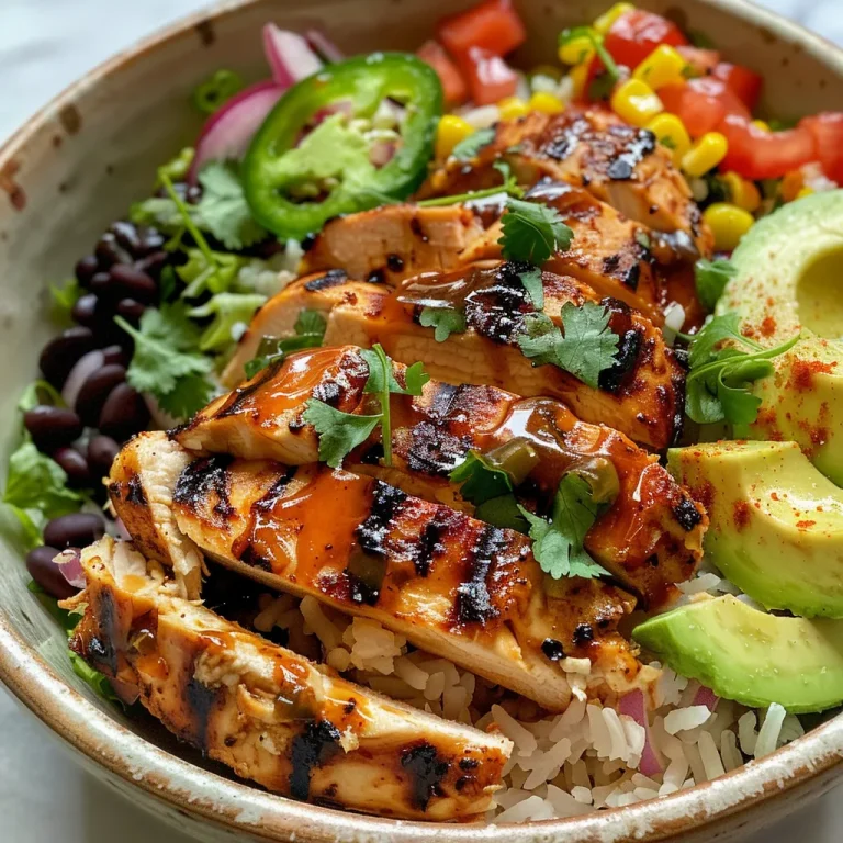 A close-up side view of a colorful Honey BBQ Grilled Chicken Dinner Bowl with fresh ingredients.