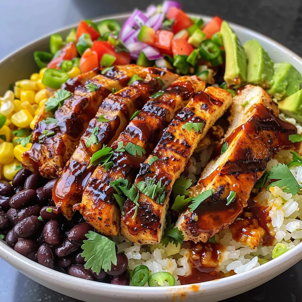 Juicy grilled chicken thighs glazed in honey BBQ sauce, served with rice and vegetables in a bowl.