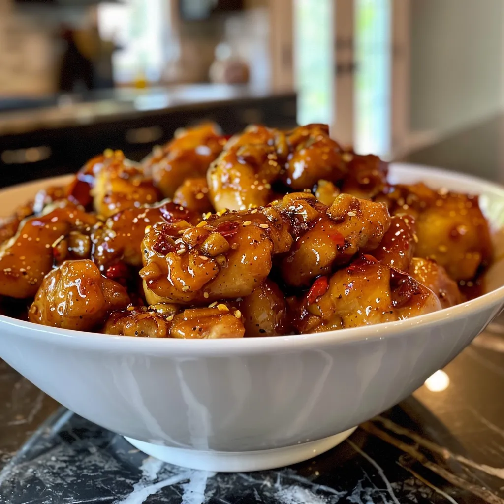 Side view of juicy Honey Chili Garlic Chicken garnished with herbs.