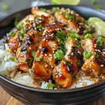 Close-up view of a Honey Garlic Chicken Rice Bowl topped with sesame seeds and sliced green onions.