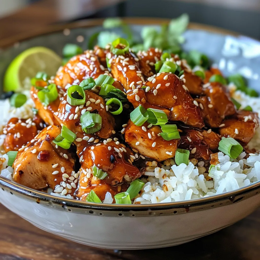 Side angle of a vibrant Honey Garlic Chicken Rice Bowl, featuring juicy chicken and creamy chili sauce.