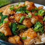 Close-up view of juicy honey garlic chicken thighs with rice and broccoli.
