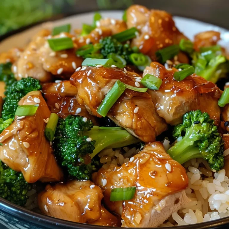 Close-up view of juicy honey garlic chicken thighs with rice and broccoli.