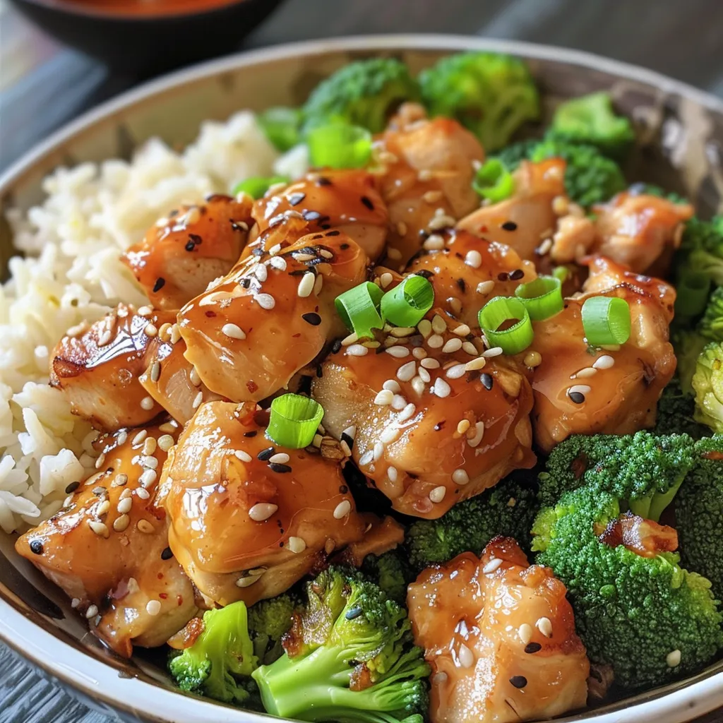 Side angle of glazed chicken thighs served with broccoli and rice on a white plate.
