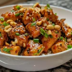 Close-up of juicy Honey Garlic Sriracha Chicken cubes garnished with green onions and peanuts.