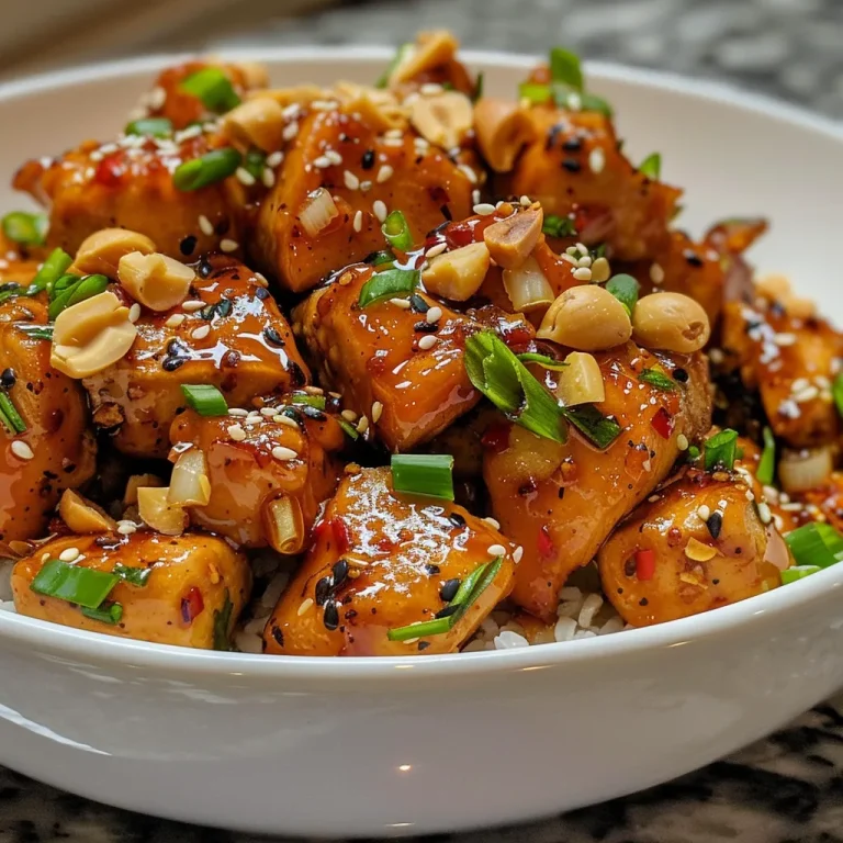 Close-up of juicy Honey Garlic Sriracha Chicken cubes garnished with green onions and peanuts.