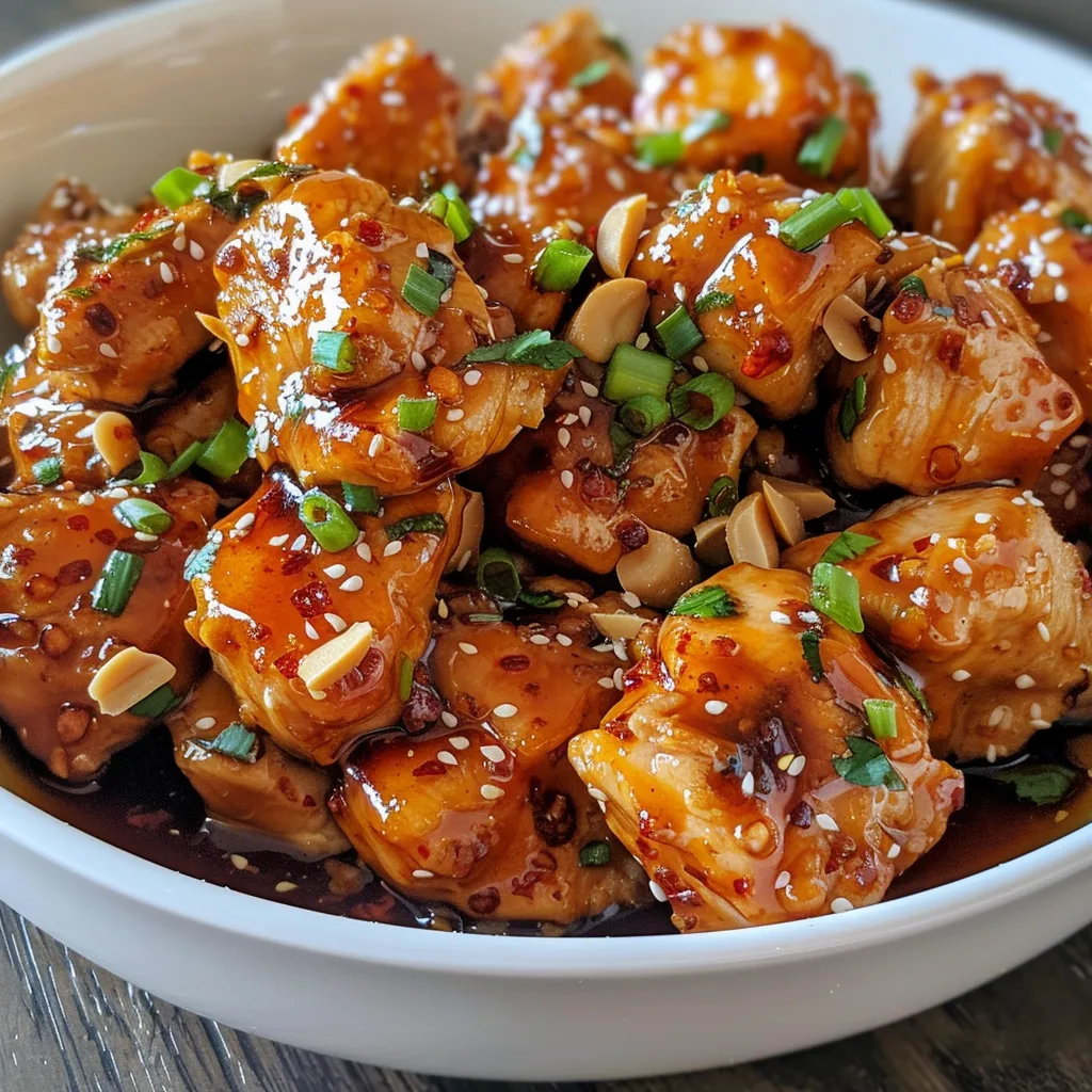 Side view of succulent pieces of Honey Garlic Sriracha Chicken drizzled with sauce and spices.
