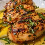 Juicy grilled chicken thighs glistening with a honey lemon basil glaze.