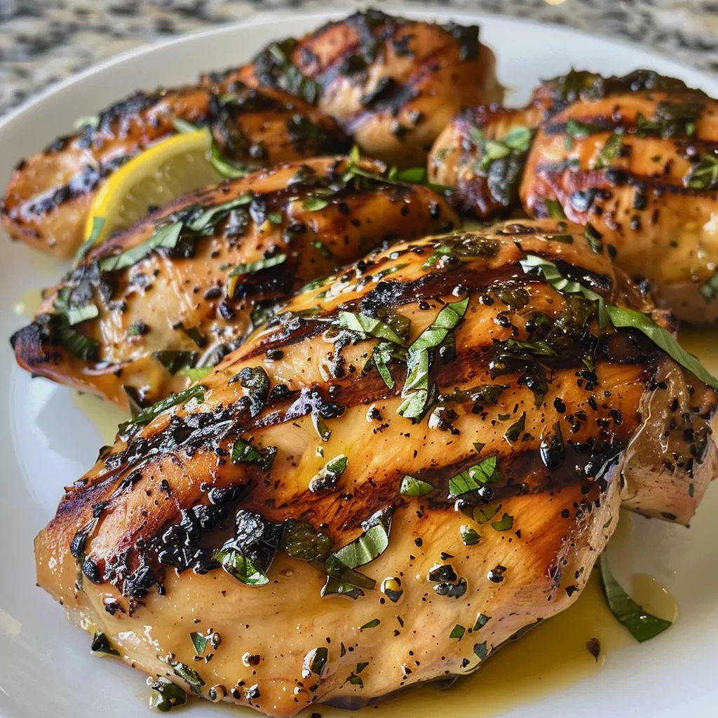 Close-up of tender chicken marinated in honey, lemon, and basil, served on a plate.