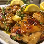 Juicy honey lemon chicken breast garnished with fresh thyme sprigs.