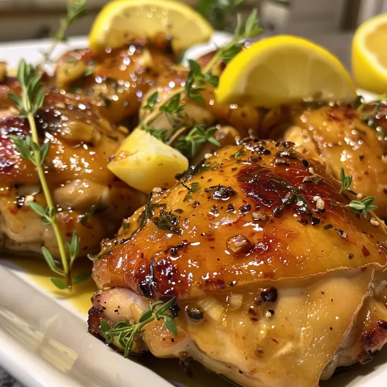 Juicy honey lemon chicken breast garnished with fresh thyme sprigs.