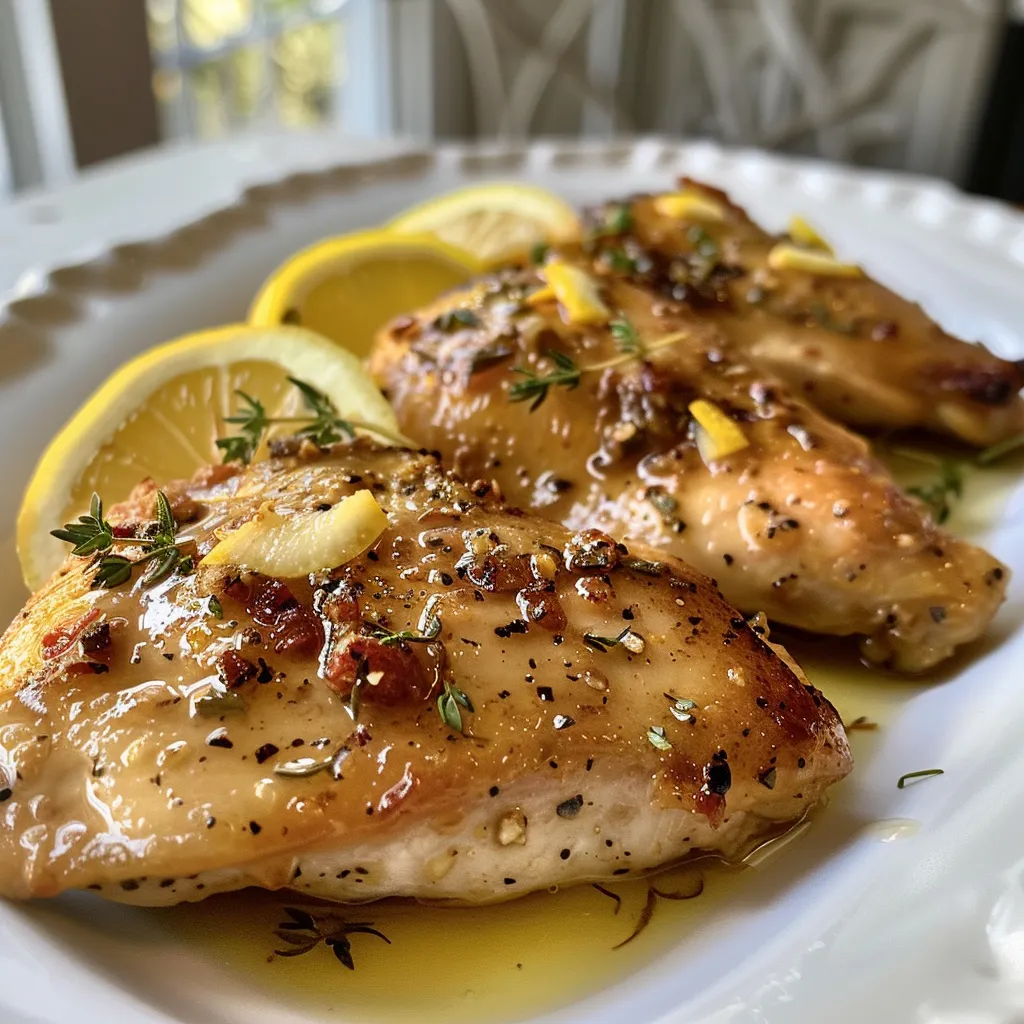Close-up view of baked honey lemon chicken breast with lemon slices.