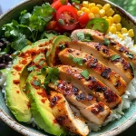 A vibrant Honey Lime Chicken Bowl featuring juicy chicken, rice, corn, and avocado.