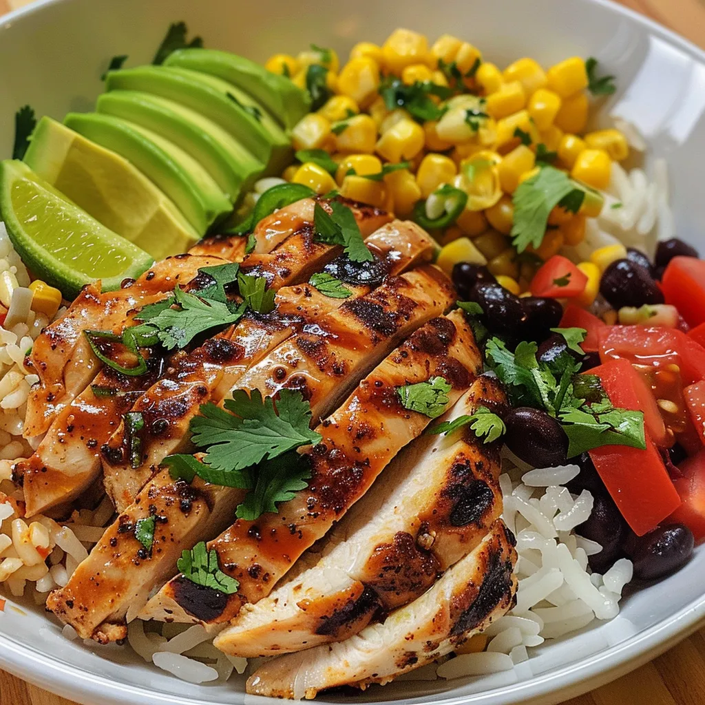 Close-up of a Honey Lime Chicken Bowl with colorful ingredients and garnished cilantro.