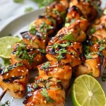 Close-up of juicy Honey Lime Grilled Chicken Skewers glistening with marinade.