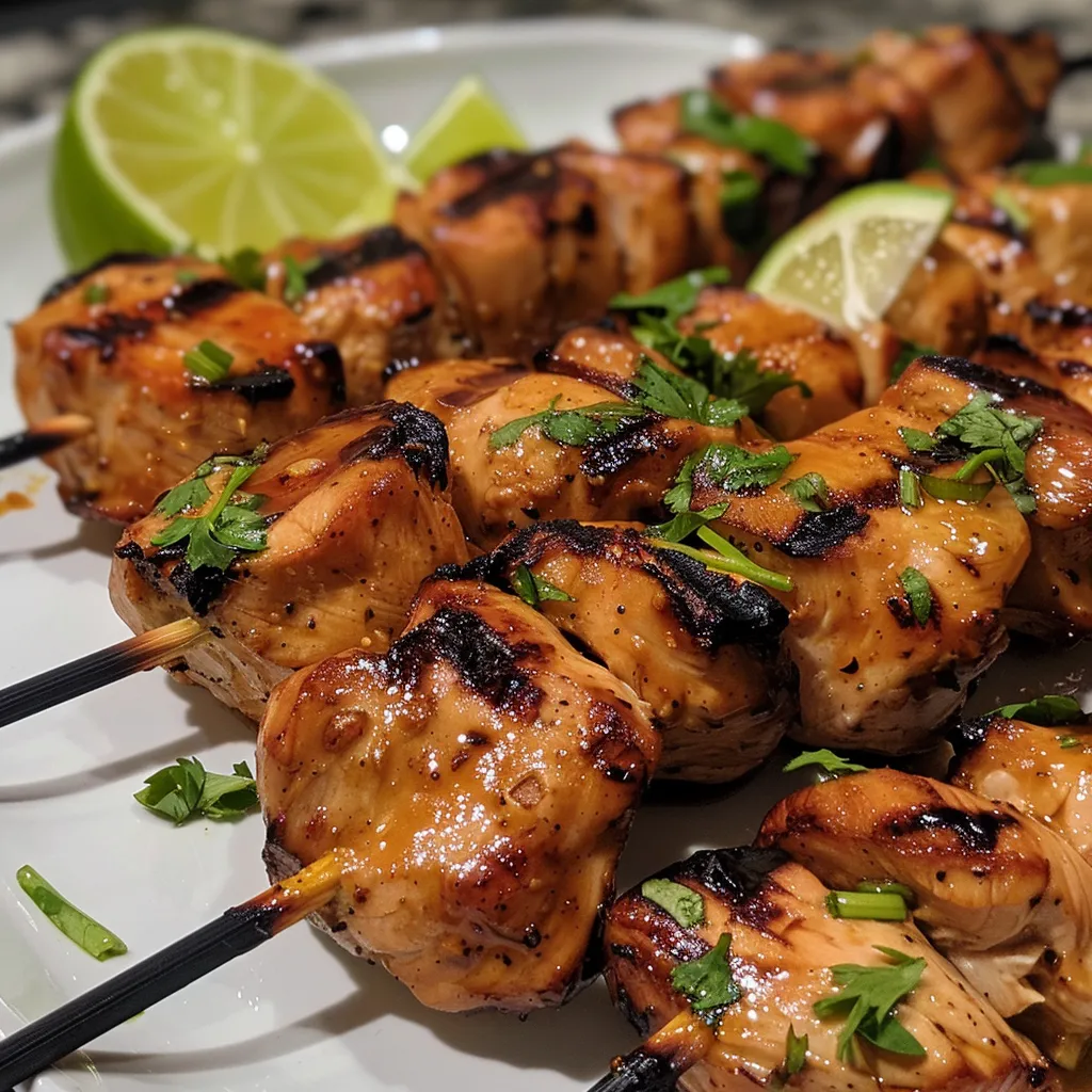 Side view of grilled chicken skewers marinated in honey and lime, garnished with cilantro.