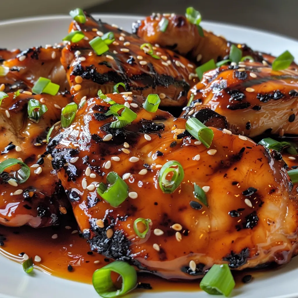 Grilled chicken thighs coated in a sticky honey sriracha glaze, viewed in close-up.