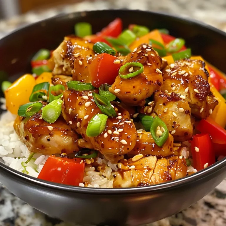 A close-up view of a Hot Honey Chicken Bowl featuring colorful sliced bell peppers and green onions.