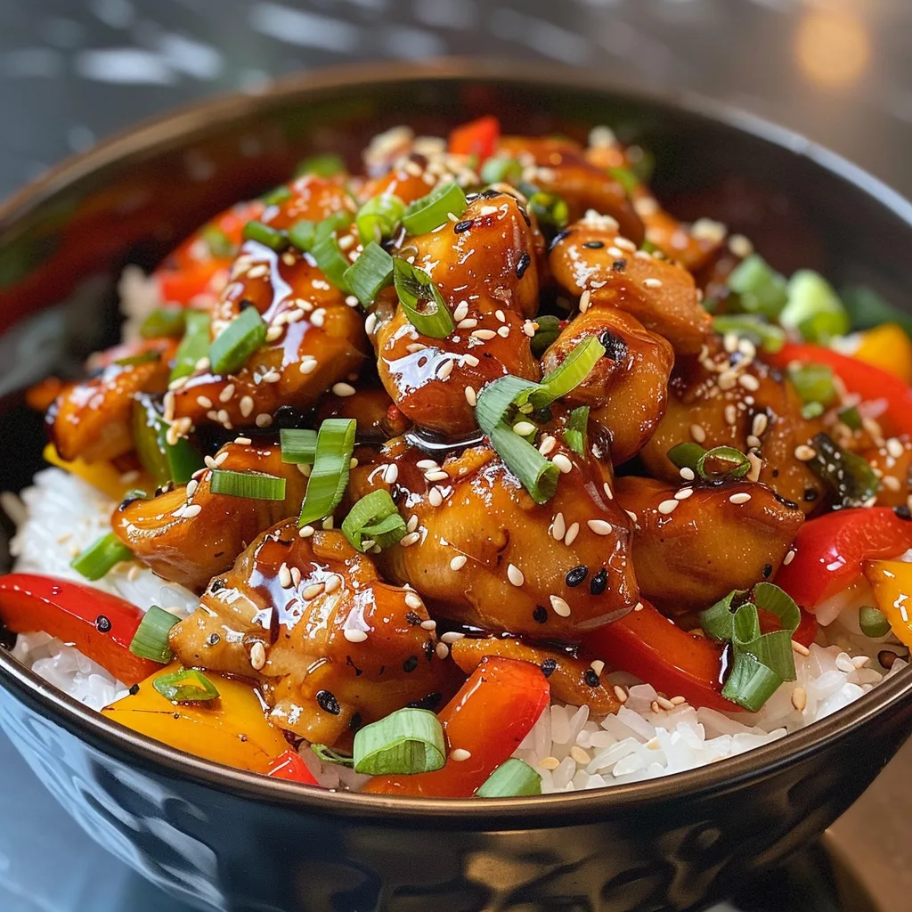Juicy Hot Honey Chicken served over rice or quinoa, garnished with fresh vegetables.