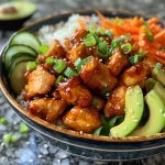 Close-up view of a Hot Honey Chicken Bowl with colorful toppings.