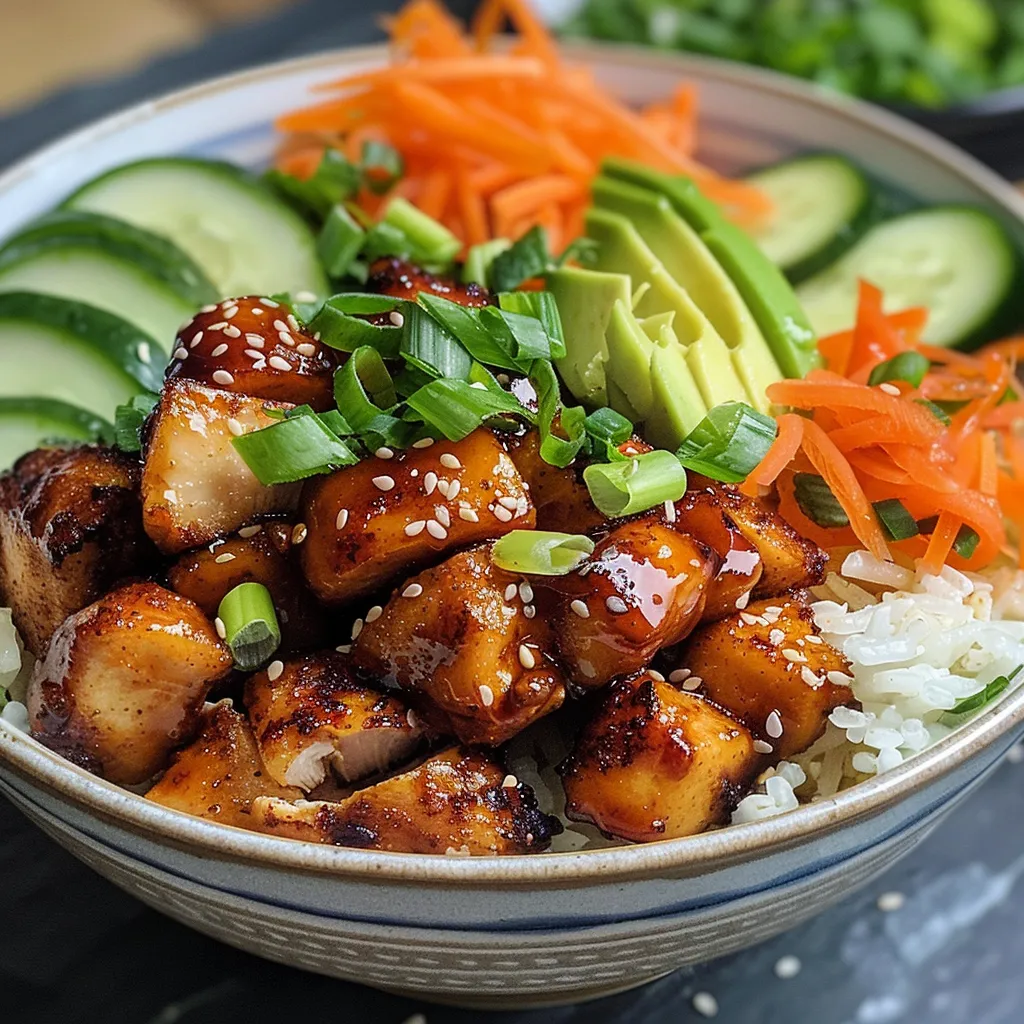 Deliciously arranged Hot Honey Chicken Bowl featuring chicken, rice, and fresh vegetables.