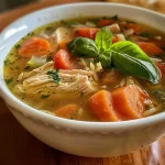 Close-up view of Italian chicken soup featuring colorful vegetables and orzo.