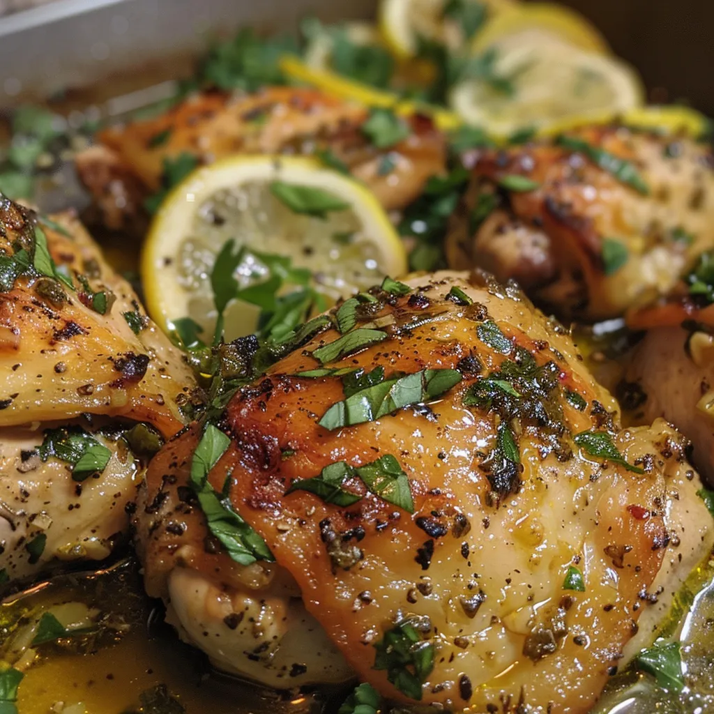 Side view of golden-brown chicken thighs topped with herbs, placed on a rustic plate.