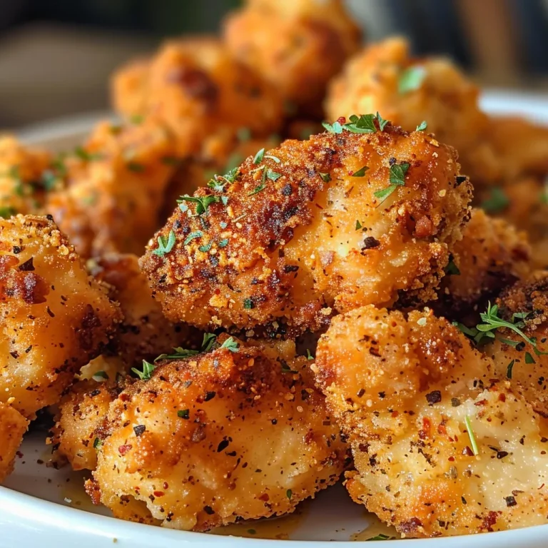 Close-up of crispy Air Fryer chicken bites seasoned with spices.