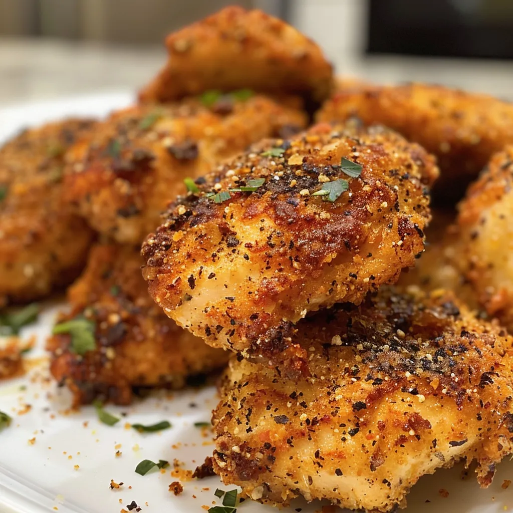 Juicy, golden-brown chicken bites on a white plate, garnished.