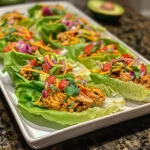 A close-up of Keto Chicken Taco Lettuce Wraps filled with colorful ingredients.