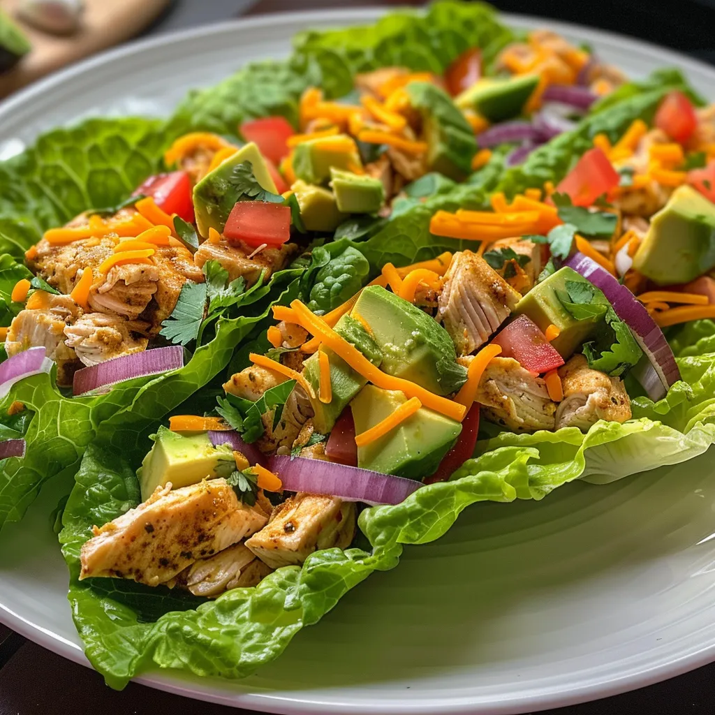 Juicy lettuce wraps with chicken, avocado, tomatoes, and cheese displayed on a plate.