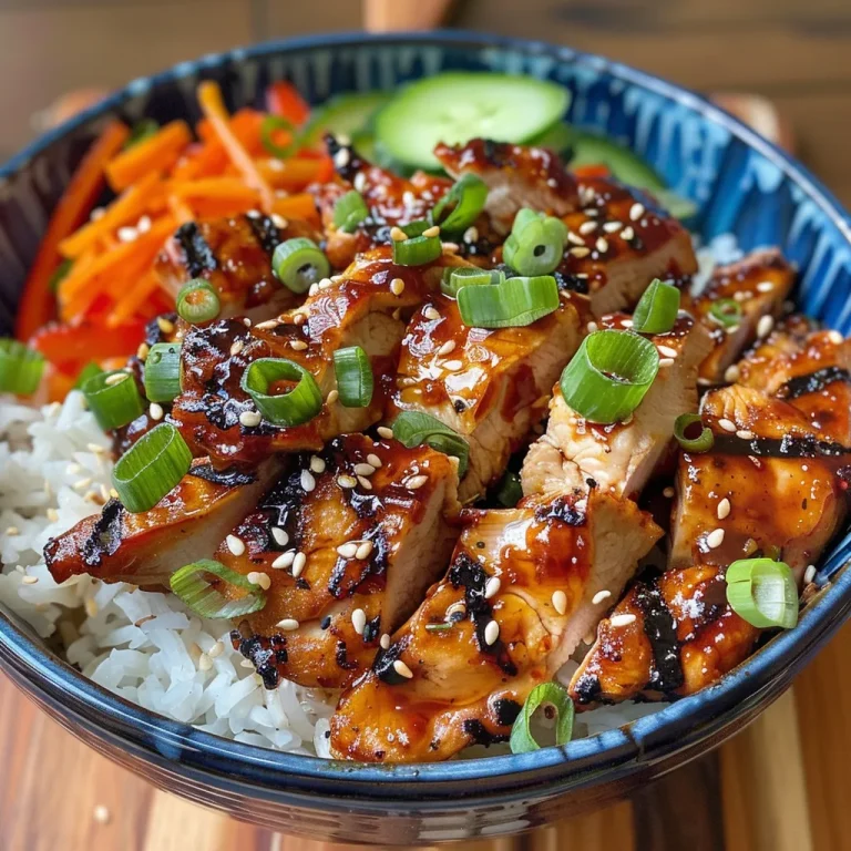 Close-up of a Korean BBQ chicken bowl with gochujang cream sauce, garnished with green onions and sesame seeds.