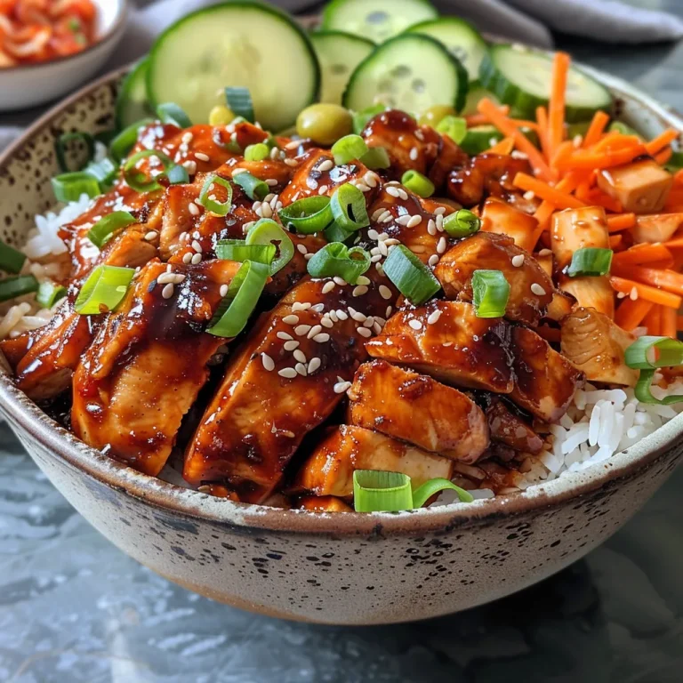 Close-up view of Korean BBQ Chicken Bowls featuring marinated chicken, vibrant vegetables, and rice.