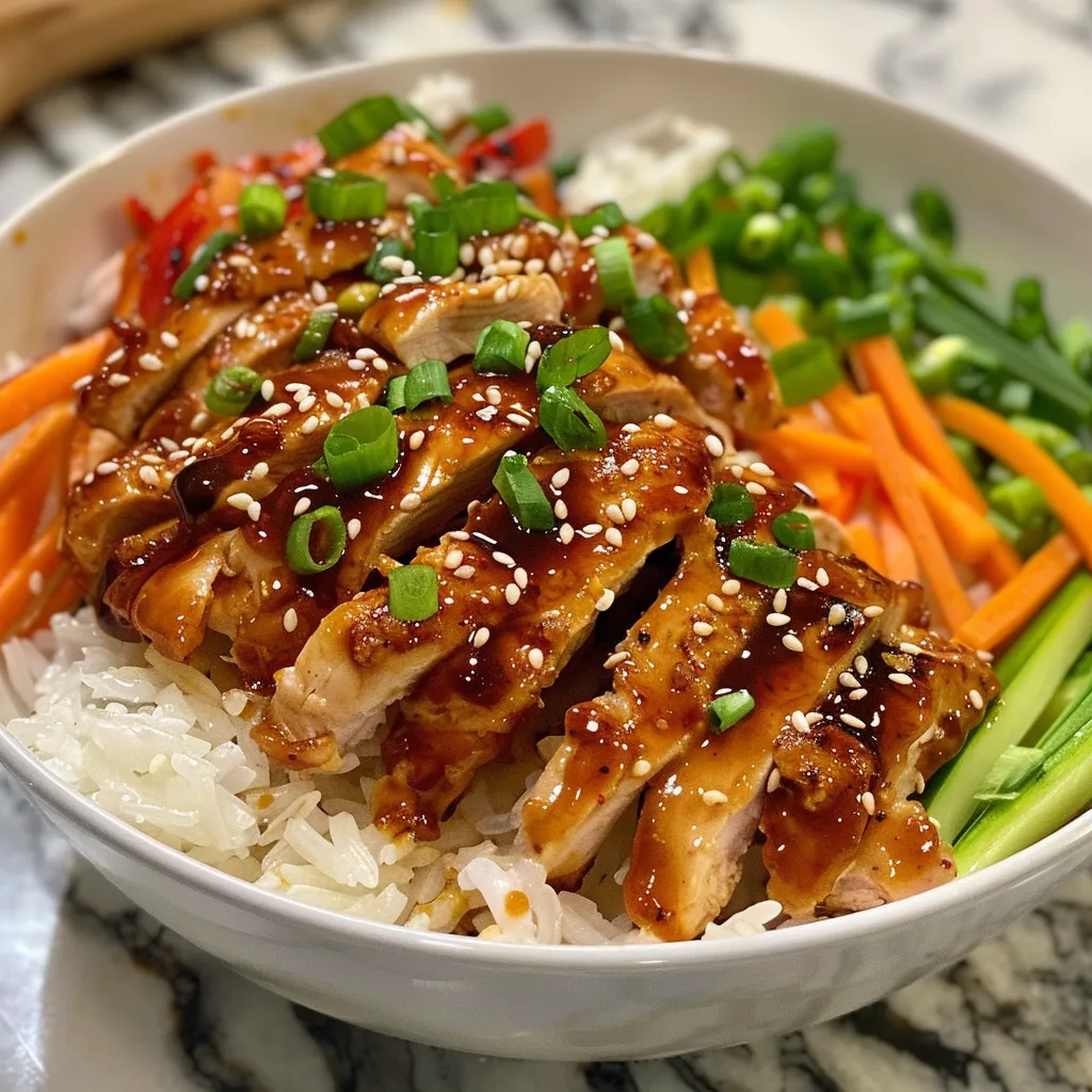Juicy pieces of chicken in a bowl with rice and colorful mixed vegetables, topped with a creamy red sauce.