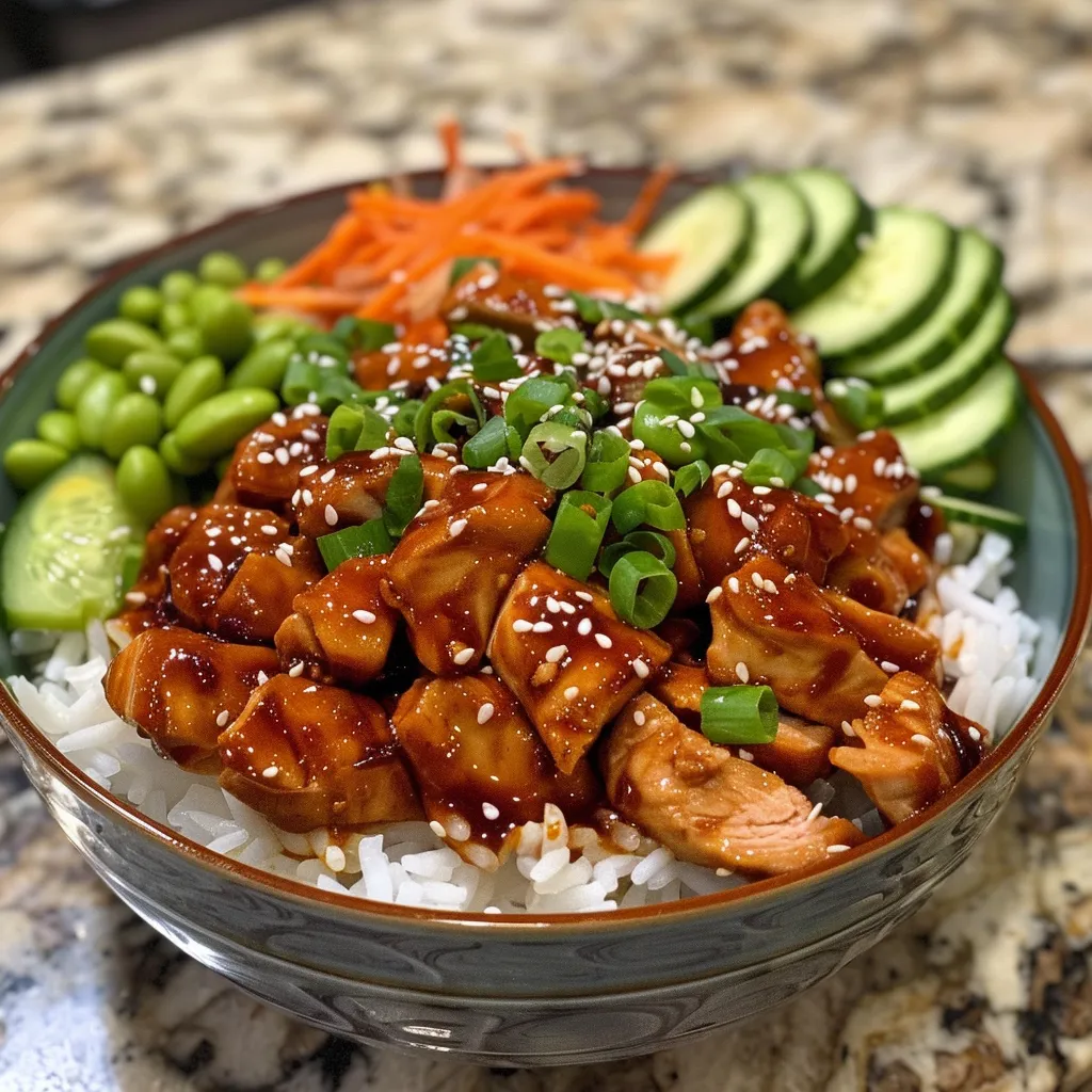 Side angle of a bowl filled with colorful Korean BBQ Chicken and fresh toppings, ready to eat.