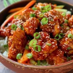Juicy Korean chicken thighs coated in a vibrant red chili sauce with vegetables.