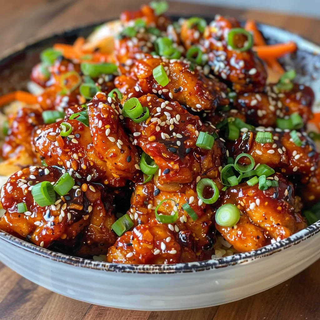 Close-up of succulent Korean chicken garnished with sesame seeds and green onions.