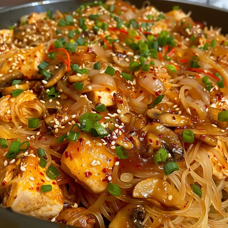 The Spicy Chicken Bake That Warms the Heart and Soul Close-up view of a delicious Korean Spicy Chicken Rice Noodle Bake with vibrant colors.