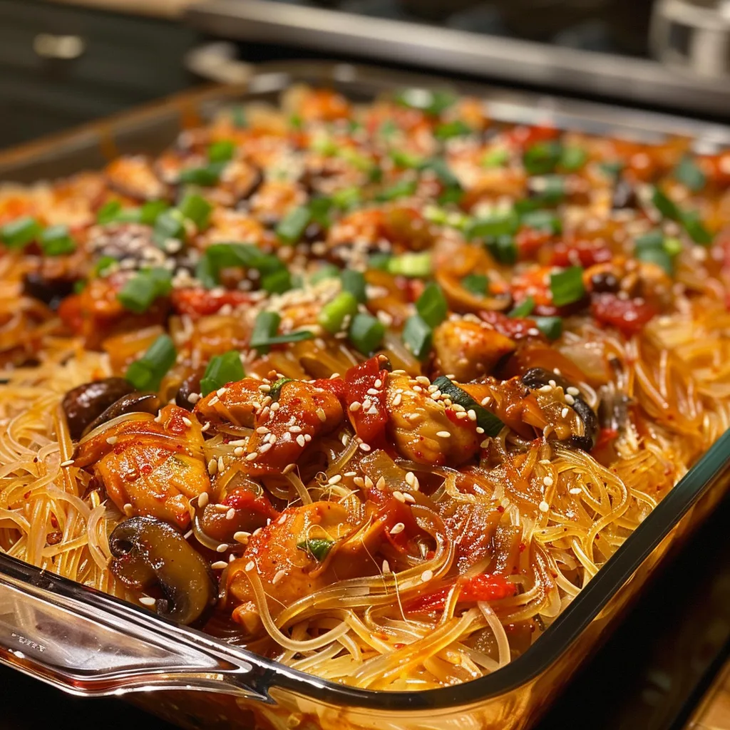 A side view of a golden-brown Korean Spicy Chicken Rice Noodle Bake, showcasing chicken and noodles.