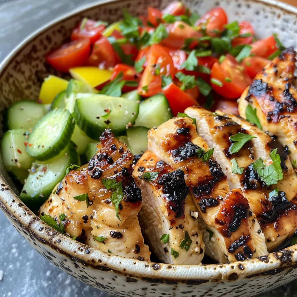 A vibrant Lemon Chili Grilled Chicken Bowl showcasing grilled chicken, fresh vegetables, and a creamy hummus base.