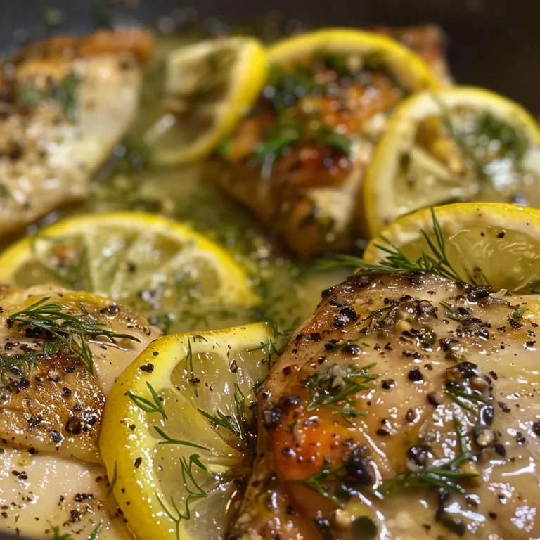 Close-up of juicy Lemon Dill Chicken thighs garnished with lemon slices and dill.