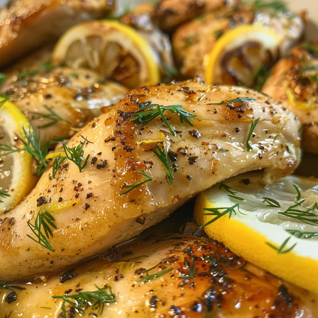 Side view of cooked chicken thighs with lemon slices and herbs.